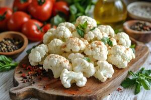Fresh cauliflower florets seasoned with spices and herbs on wooden cutting board photo