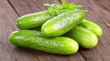 Fresh cucumbers lying on a wooden table with dill photo