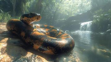 Large python resting near a jungle waterfall photo