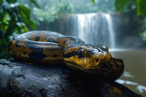 Python resting on a rock near a waterfall in the rainforest photo