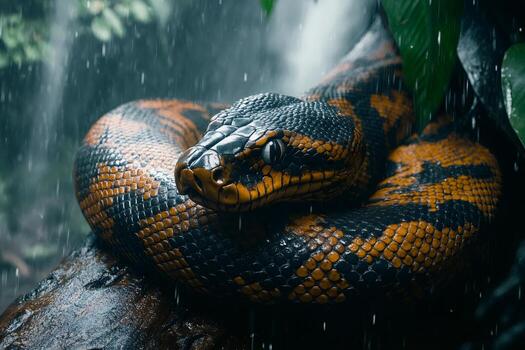 Python resting on a branch in the Amazon rainforest during a downpour photo
