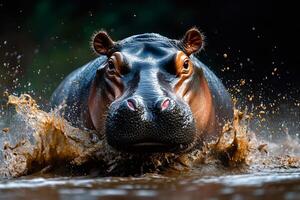 Hippopotamus running in muddy water creating splashes photo