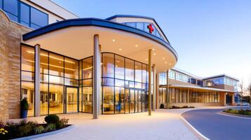 Modern hospital building with illuminated glass facade at dusk.. photo