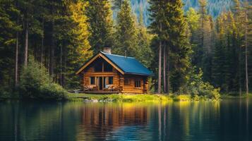 Wooden cabin reflecting on a pristine lake surrounded by forest photo