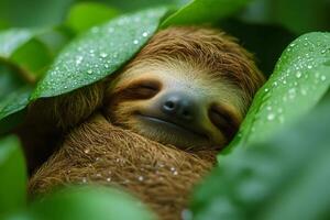 Adorable baby sloth sleeping peacefully on a tree in the rainforest photo