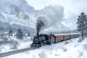 Steam train running through snowy mountains in Colorado photo