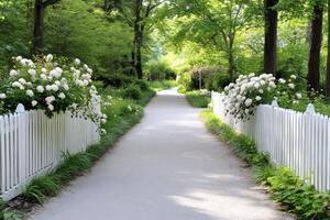 White picket fence with blooming white roses bordering a path in a peaceful garden photo