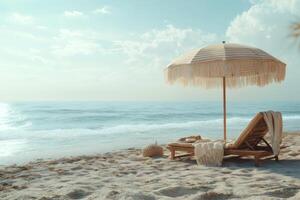 Relaxing beach lounge chair and umbrella inviting to enjoy summer vacation photo