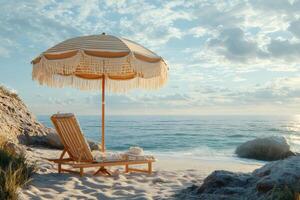 Beach umbrella and deck chair suggesting relaxing vacation on a sunny beach photo