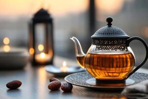 Teapot with tea and dates fruits on a table at sunset during Ramadan photo