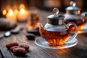 Glass teapot with tea and dates on wooden table with candlelight in background photo