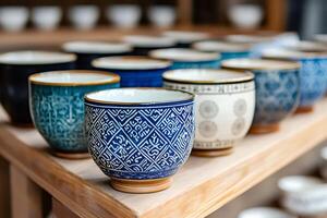 Traditional japanese teacups resting on wooden shelf are showing beautiful hand-painted patterns photo