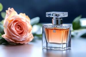 Elegant perfume bottle with rose on reflective surface representing luxury and fragrance photo