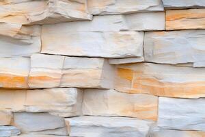 Decorative stone wall cladding showing stacked rough blocks of white and orange rocks photo