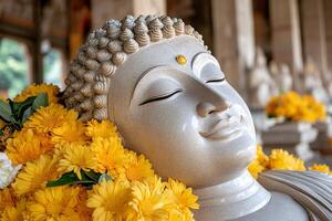 Reclining Buddha statue smiling serenely with yellow flowers offering photo