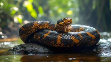 Majestic Amazon Tree Boa resting on a rock by a stream in the rainforest photo
