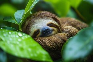 Lovely brown-throated three-toed sloth sleeping in rainforest vegetation photo