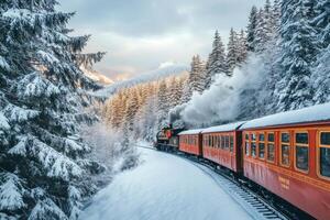 Red steam train passing through snowy forest in winter photo