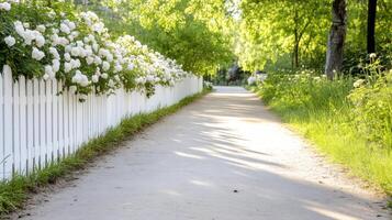 White picket fence with blooming white roses bordering a path in a peaceful garden.. photo
