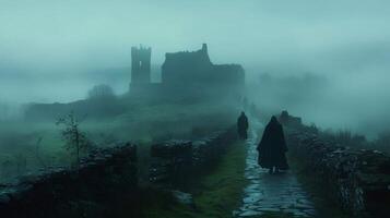 Monks walking on a path towards a mysterious abbey in the fog photo