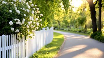White picket fence with blooming white roses bordering a paved path in a park during golden hour photo