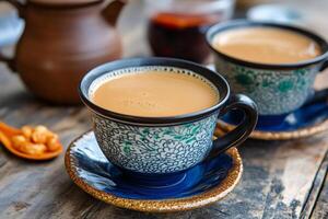 Two cups of masala chai resting on blue saucers with teapot and roasted peanuts on wooden table photo