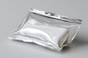 Sealed transparent plastic bag containing white rectangular object photo