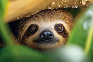 Curious baby sloth hiding under a leaf during rain in the jungle photo
