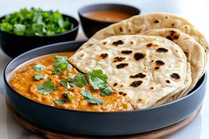 Delicious indian lentil curry with roti flatbread and coriander garnish photo
