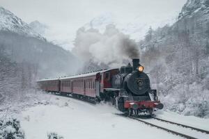Old steam train puffing through snowy Norwegian mountains photo