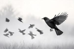 Black crow flying over misty field with other crows in the background photo