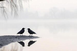 Two crows standing on the shore of a misty lake photo