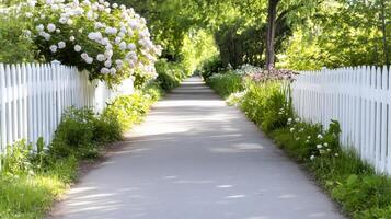 White picket fence bordering blooming rose bushes and a paved path in a peaceful garden photo