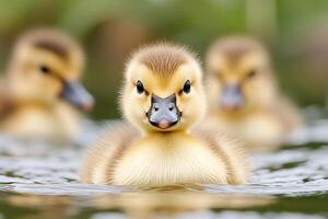 Cute duckling swimming in pond with other ducklings behind photo