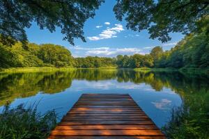 Wooden pier extending into a calm lake reflecting surrounding forest and sky photo