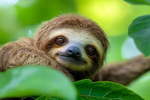 Adorable baby sloth relaxing in rainforest canopy photo