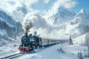 Steam train passing through snowy mountains in winter., photo