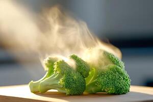 Fresh steaming broccoli florets on wooden cutting board illuminated by sunlight photo
