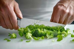 Chef cutting fresh broccoli with sharp knife on cutting board photo