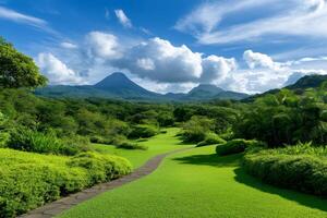 Scenic path winding through lush tropical gardens with Arenal Volcano in background, Costa Rica photo