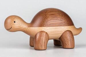 Smiling wooden turtle toy representing childhood, nature and sustainability photo