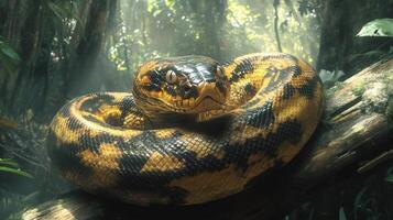 Large python resting on a branch in the rainforest. photo