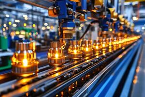 Robotic arm assembling illuminated components on production line photo