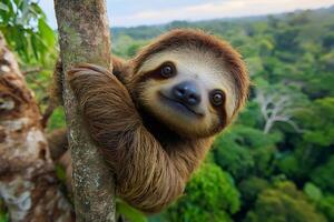 Smiling sloth hanging on a tree branch in the rainforest photo