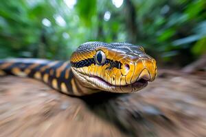 Carpet python slithering on the ground in the jungle photo