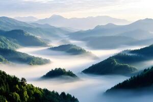 Fog rolling over green hills at sunrise creating a beautiful landscape photo