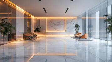 Empty modern lobby interior with marble floor and walls, illuminated by led lights photo