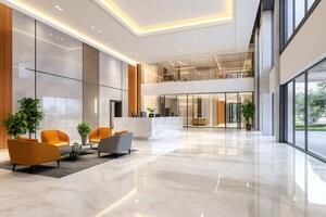 Modern corporate office building lobby showing reception and waiting area photo