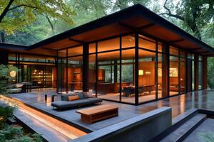 Modern house showcasing sophisticated architecture with illuminated interiors in a lush green forest photo