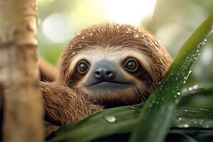 Adorable baby sloth hiding in the rainforest vegetation photo